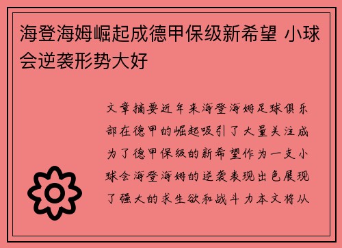 海登海姆崛起成德甲保级新希望 小球会逆袭形势大好 海登海姆崛起成德甲保级新希望 小球会逆袭形势大好